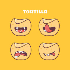 Tortilla cartoon. mexican food vector illustration. with different mouth expressions