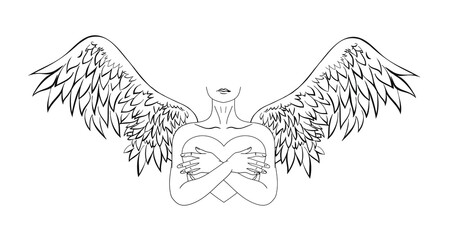 Logo of a woman with wings holding a heart in her hands. Kindness and mercy. Vector illustration for presentation, beauty contest template.