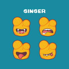 Ginger cartoon. vector illustration of herbs. with different mouth expressions