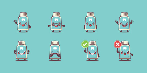 Toothpaste cartoon. vector illustration of cleaning, protecting, sanitizing. with different faces and expressions