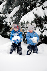 Children play in the snow against the background of snow-covered fir trees