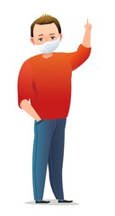 Handsome little boy in mask. Cheerful middle aged teen. Cheerful person. Standing pose. Cartoon comic flat design. Single character. Illustration isolated on white background. Vector