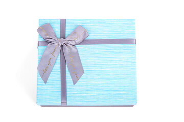 grey-blue gift box with a bow on a white background