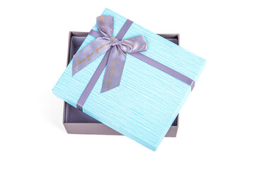 open gray-blue gift box with a bow on a white background