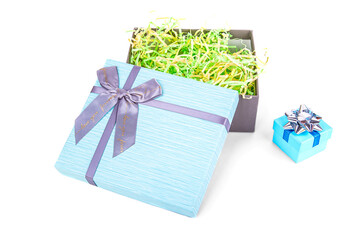 open gray-blue gift box with a bow on a white background