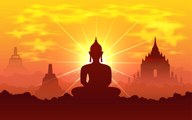 Vesak Day background vector illustration with temple and shinny Lord Buddha silhouette. Celebration Vesak Day Design. 