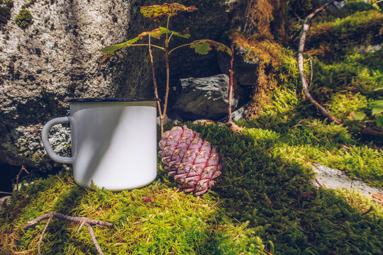 Enamel white mug on the mossy ground with cedar cone forest mockup. Trekking merchandise and camping geer marketing photo. Stock wildwood photo with white metal cup. Rustic scene, product template.