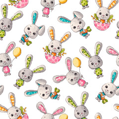 Easter bunnies. Watercolor pattern on a white background.