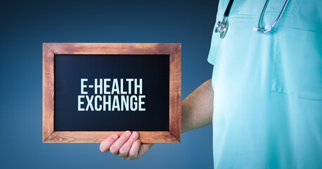 eHealth Exchange. Doctor shows sign/board with wooden frame. Background blue