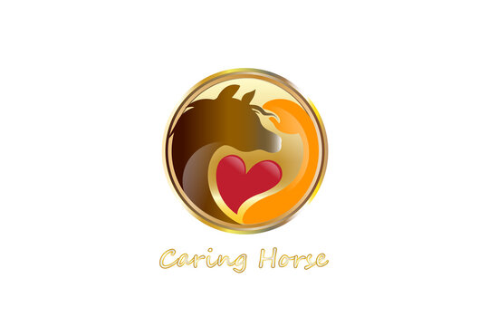 Hand petting a horse with love heart into a gold circle logo vector image design template white background