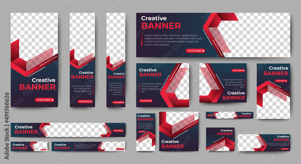 Poster creative banner design web template set, horizontal header web banner. modern gradient red and black
