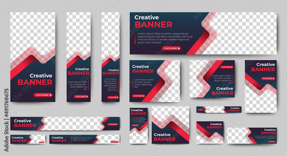 Poster creative banner design web template set, horizontal header web banner. modern gradient red and black