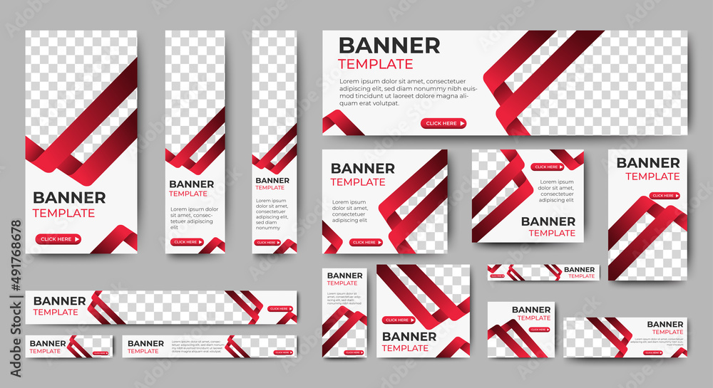 Aufkleber modern banner design web template set, horizontal header web banner. gradient red and white cover he
