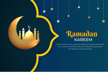Happy ramadan kareem design with golden crescent moon and stars. Ramadan kareem template vector illustration.