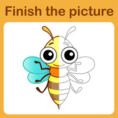 Connect the dot and complete the picture. Simple coloring funny insect bee. Drawing game for children.