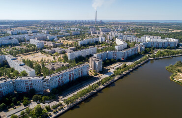 Aerial view of town Energodar, Ukraine. The satellite city of Europe's most atomic power station....