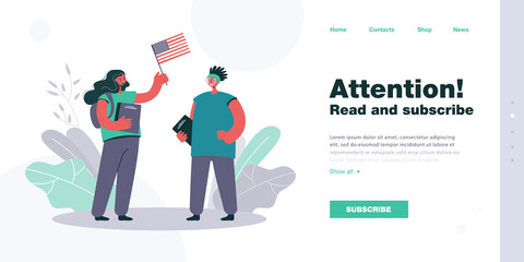 American exchange student meeting Caucasian girl with USA flag. Pupils from different countries flat vector illustration. International or global communication, education concept for banner, website