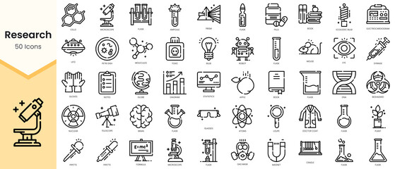 Obraz na płótnie Canvas Set of research Icons. Simple Outline style icons pack. Vector illustration