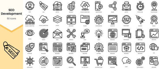 Obraz na płótnie Canvas Set of seo-development Icons. Simple Outline style icons pack. Vector illustration