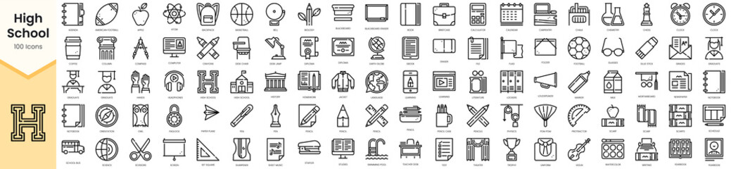 Set of high-school Icons. Simple Outline style icons pack. Vector illustration