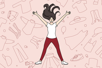 Overjoyed young girl lying among clothes excited with shopping and purchase. Smiling woman shopaholic with garment and apparel. Concept of consumerism and fast fashion. Vector illustration. 