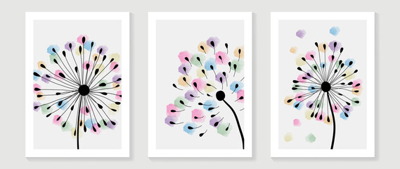 Abstract floral watercolor wall art template. Set of colorful wall decor with dandelion flower and floating seed in watercolor texture. Spring season line art painting for wallpaper, cover and poster.