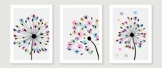 Fotobehang Abstract floral watercolor wall art template. Set of colorful wall decor with dandelion flower and floating seed in watercolor texture. Spring season line art painting for wallpaper, cover and poster. © TWINS DESIGN STUDIO