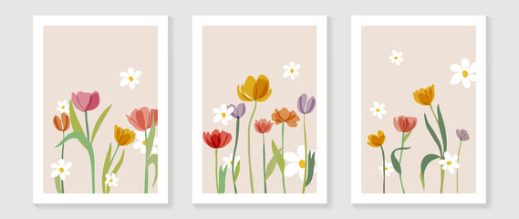 Abstract floral watercolor wall art template. Set of adorable wall decor with tulip flowers and white daisy in watercolor texture. Spring season art painting for wallpaper, cover and poster. - obrazy, fototapety, plakaty