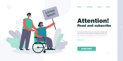 Woman pushing forward disabled person in wheelchair. Flat vector illustration. Disabled girl holding tablet above head, sitting in wheelchair. Health, disability, volunteering, help, protest concept