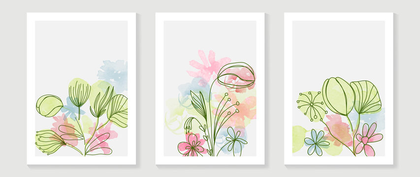 Abstract floral watercolor wall art template. Set of colorful wall decor with wild flowers, blooms and leaves in watercolor texture. Spring season line art painting for wallpaper, cover and poster.