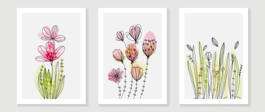 Abstract floral watercolor wall art template. Set of line art wall decor with wild flowers, leaves and grass in watercolor texture. Spring season art painting for wallpaper, cover and poster.