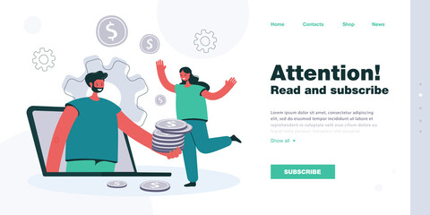 Man giving golden coins to woman through computer screen. Huge laptop, male holding money, happy female flat vector illustration. Banking, investment finances concept for banner, website design