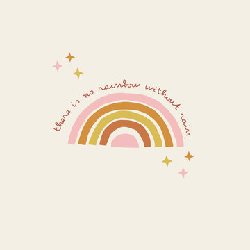 Boho baby naive abstract summer rainbow in starry sky vector illustration. Childish drawn arc poster with inspirational phrase for Scandinavian style nursery decor.
