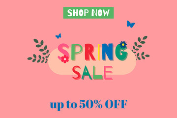 Spring sale banner. Offer up to 50% off with decorative flowers and leaf and butterfly. Template for marketing, promo, advertising. Flat vector illustration