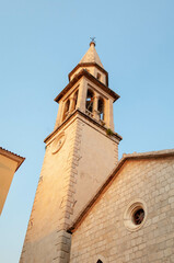 Fototapeta na wymiar a church near a big pine tree in the mountains of Montenegro