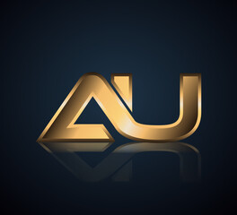 Modern Initial logo 2 letters Gold simple in Dark Background with Shadow Reflection AU