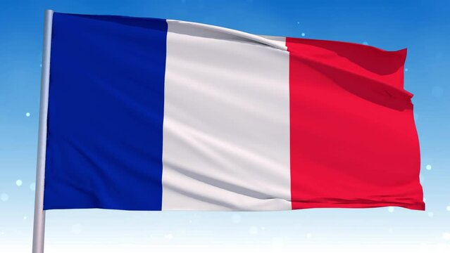 Waving National Flag Of France In The Wind With Pole On Cloudy Fog Glitter Dust Flying Blue Sky 3D Rendering Seamless Loop With Alpha Matte