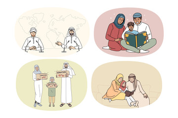 Set of diverse Arabian families with kids in traditional clothes read Koran. Collection of Arabic people following customs and traditions. Culture and religion. Vector illustration. 
