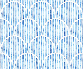 Wavy seamless watercolor pattern. Ornament painted on paper. Seigaiha print for home textiles, summer prints. Grunge texture. - 491773671