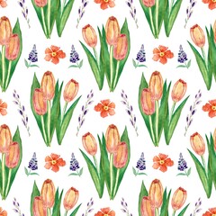 Seamless pattern with tulips and spring flowers for wrapping paper