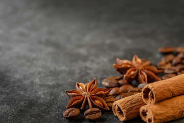 Fototapeta na wymiar Cinnamon sticks, anise stars and coffee beans on dark grey background. Copy space