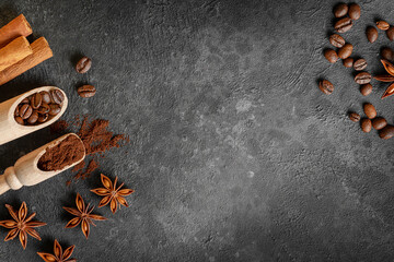 Coffee background with spices on dark concrete background. Flat lay, copy space