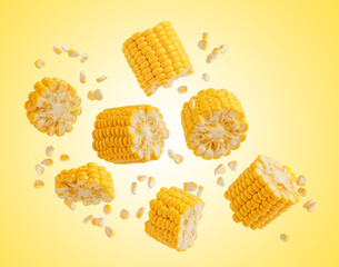 Broken flying sweet corn cob with grains on yellow background. Design element for product label,...