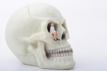 miniature figurine of a woman with a book sitting inside a giant human skull