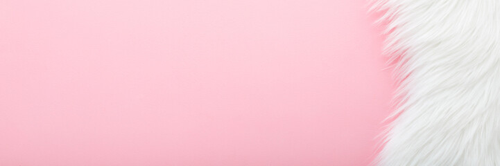 White fur on light pink table background. Pastel color. Closeup. Empty place for text. Wide banner. Top down view.	