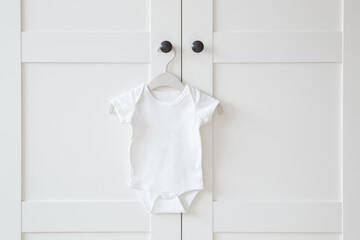 White baby bodysuit hanging on hanger at door of wardrobe. Closeup. Front view. Clothes preparing...