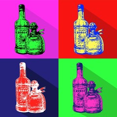 Bottles of tequila. Bright pop art illustration for a poster. Vector illustration.

