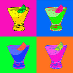 A glass of cocktail with a slice of lemon. Bright pop art illustration for a poster. Vector illustration.
