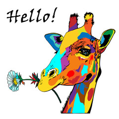 Giraffe. Graphic drawing with a welcome inscription in the style of pop art. Vector, isolated illustration.
