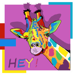 Giraffe. Graphic drawing with a welcome inscription in the style of pop art. Vector, isolated illustration.
